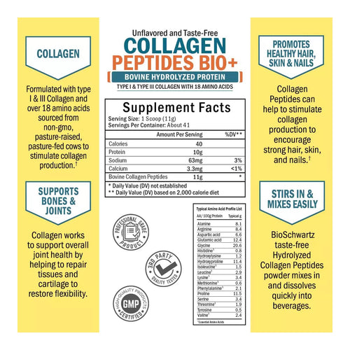 Collagen Peptides Bio+ Powder, Grass Fed Bovine Collagen Supplement, Hydrolyzed Protein Peptides, Unflavored, Bioschwartz, 16Oz