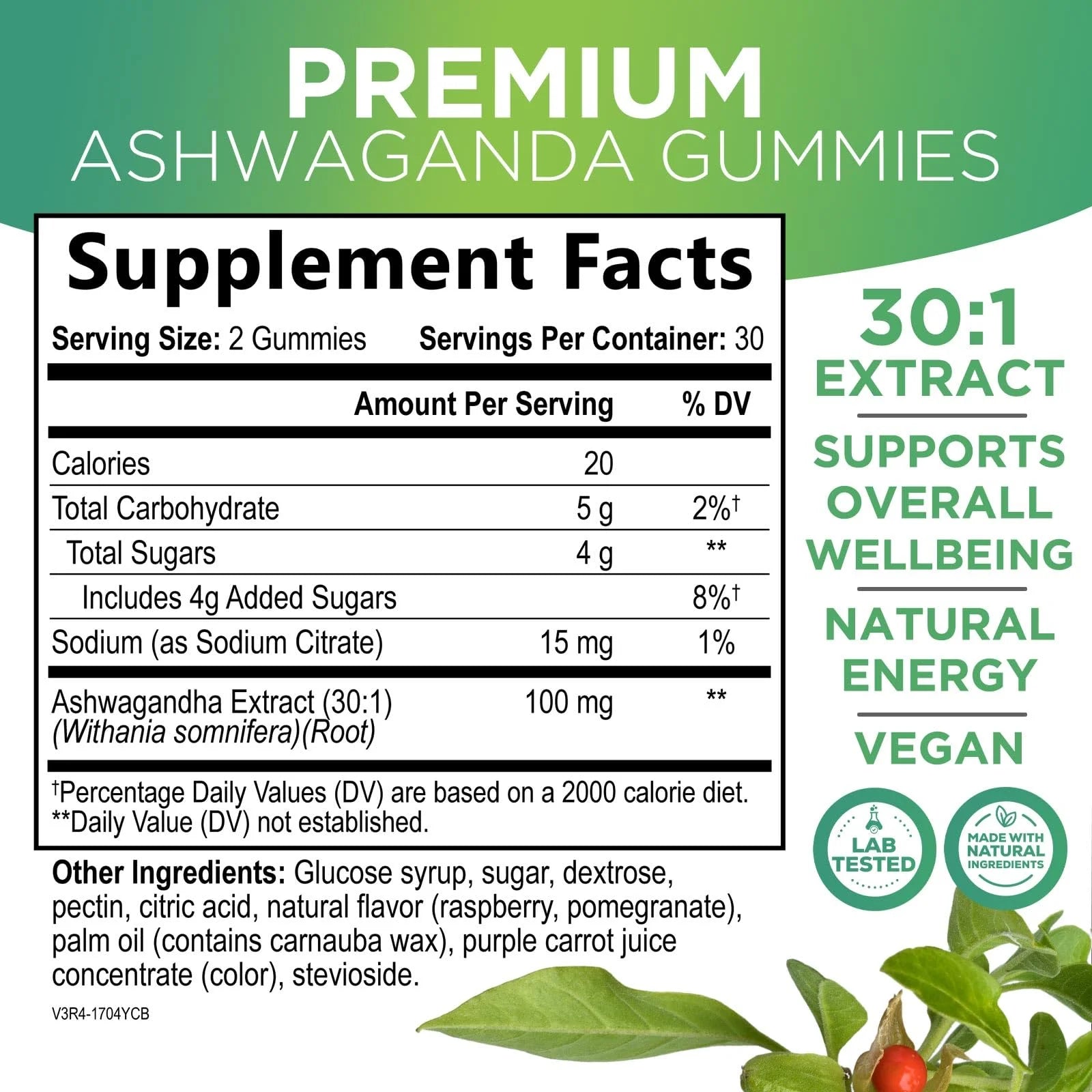 Ashwagandha Gummies 30:1 Extract from 3000Mg - Vegan, Plant Based, Non-Gmo, Gluten-Free & Gelatin Free, Ashwagandha Supplement for Women & Men, Natural Calm, Relaxation, & Immune Support, 60 Gummies